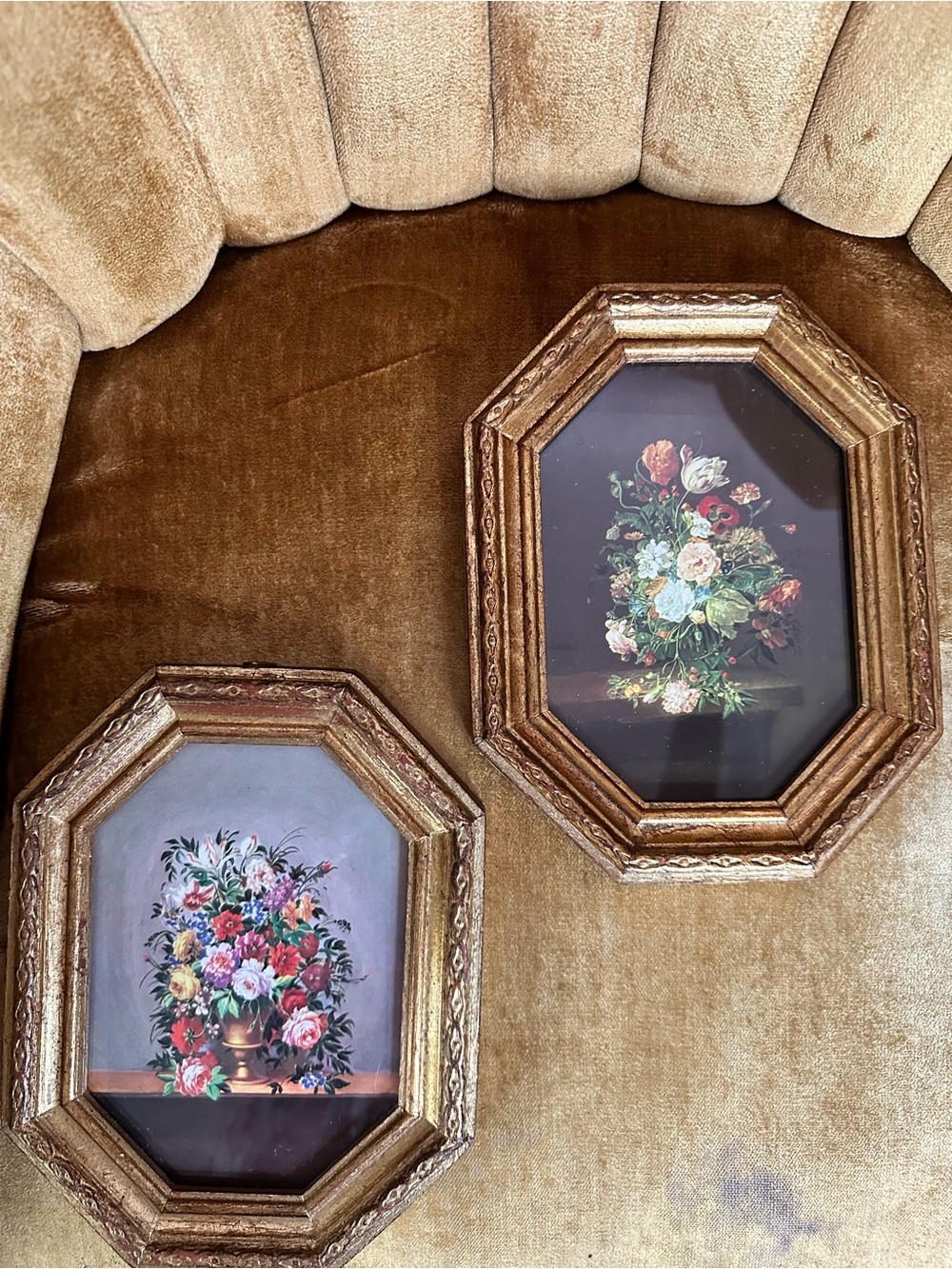 Pair of Vintage 70s Floral Prints in Gilded Florentine Frames Made in Italy